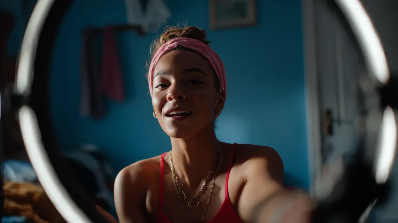 Young female content creator filming herself with a ring light in a cozy, blue-walled room