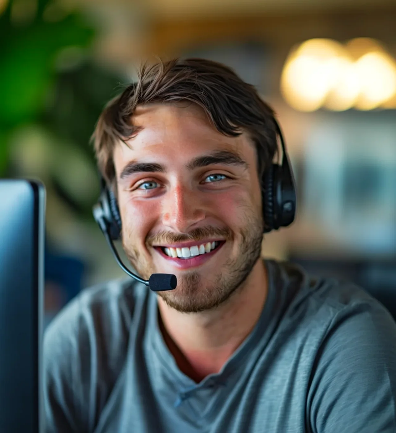 smiling customer support agent wearing a headset at work