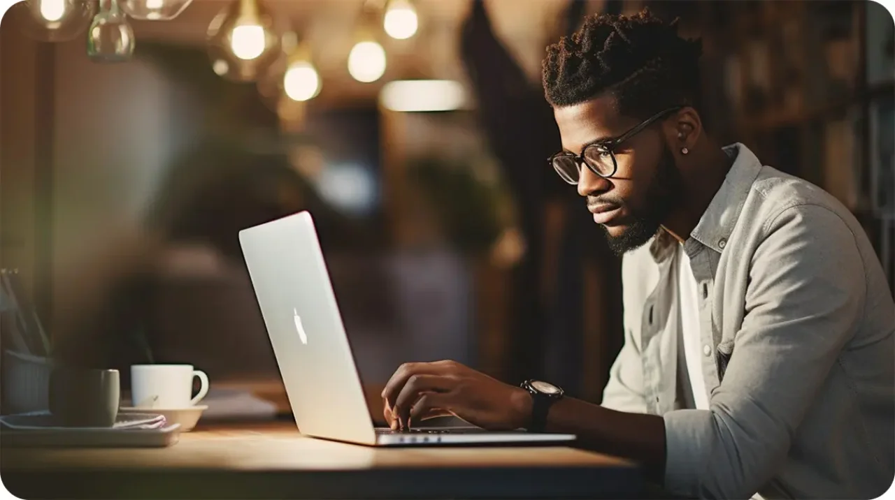 focused young professional working on laptop at cafe with warm lighting