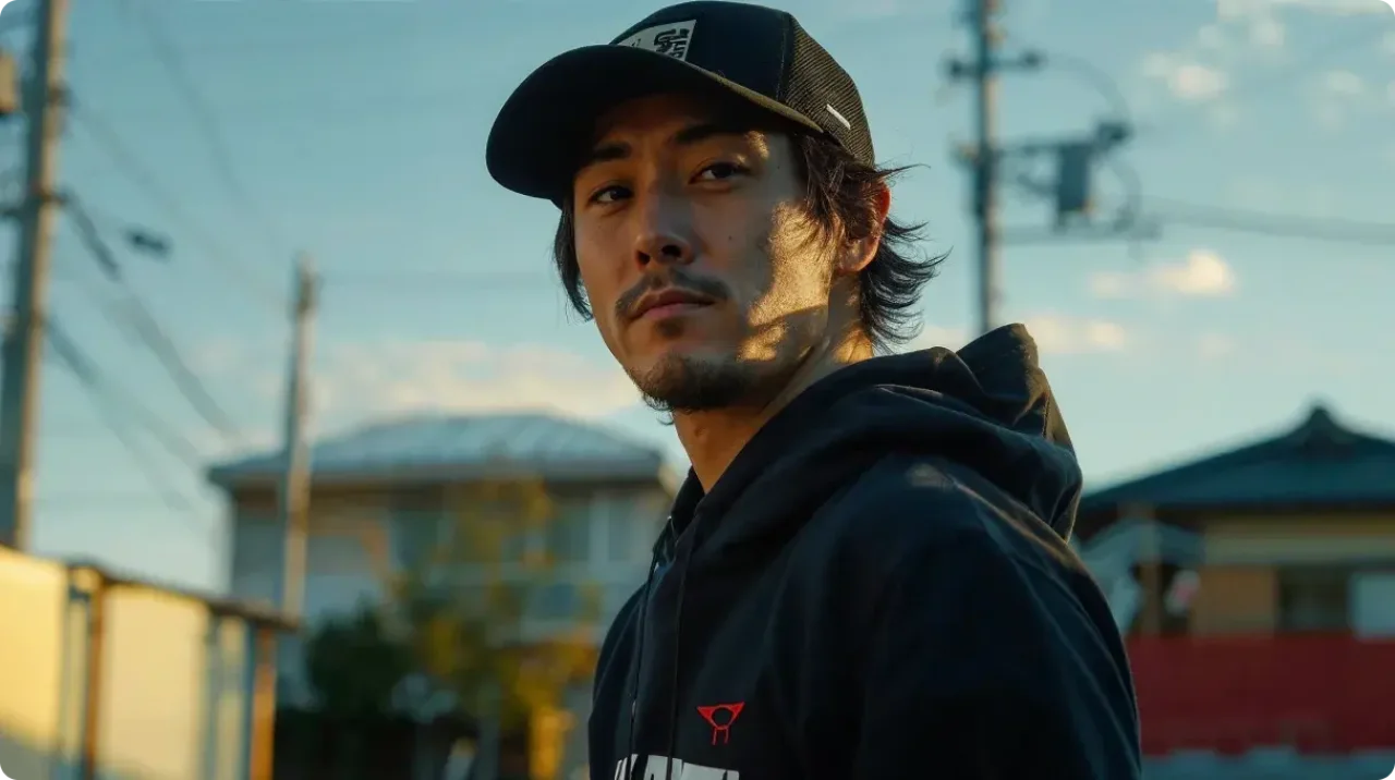 Man wearing a black hoodie and cap standing outdoors at sunset