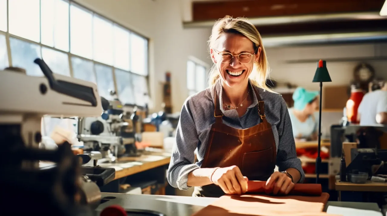 Smiling Woman Working In Workshop Wearing Apron