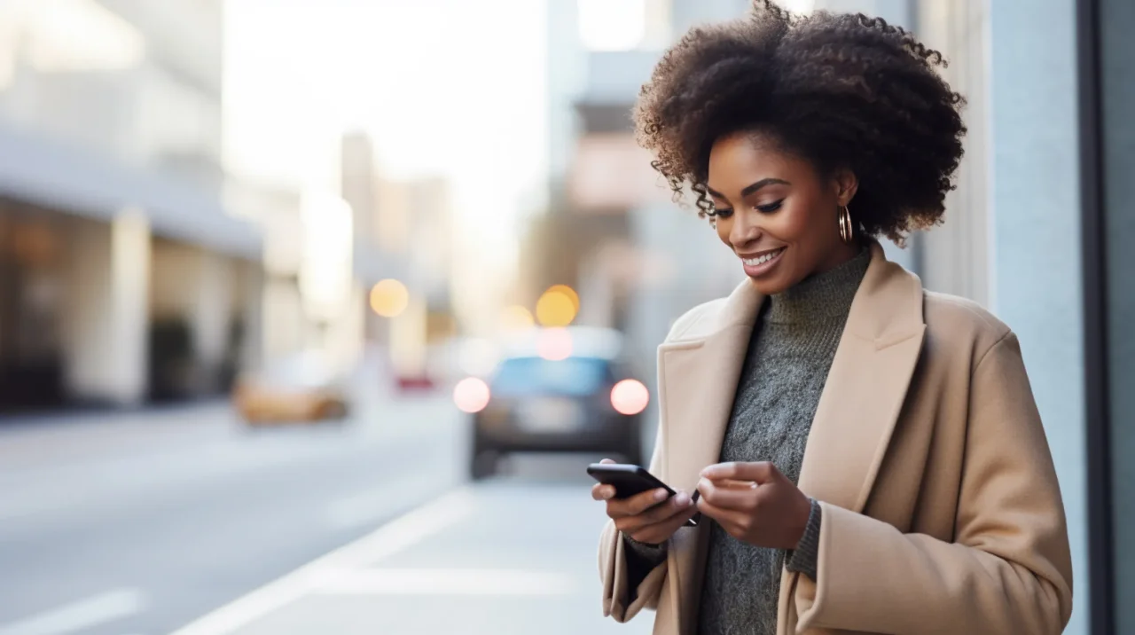 Woman Coat Glances Phone