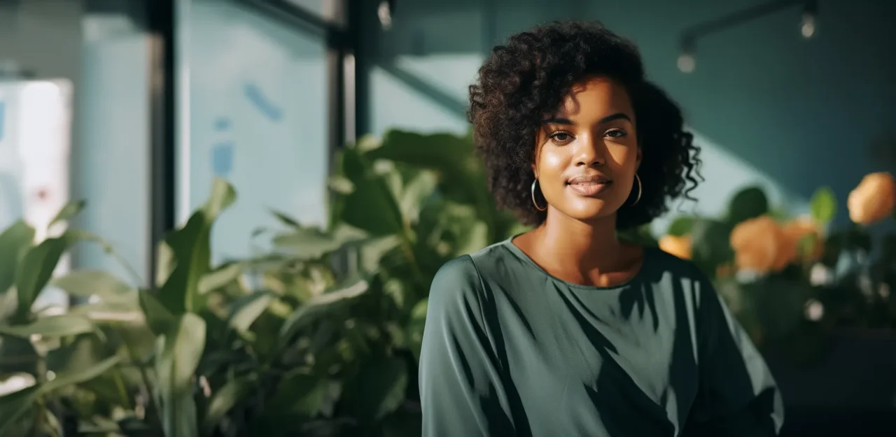 Woman Curly Hair Green Shirt Plants Backdrop