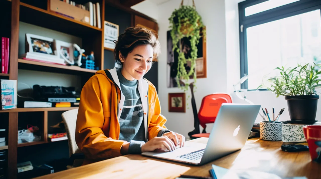 Woman Working Laptop Home Office