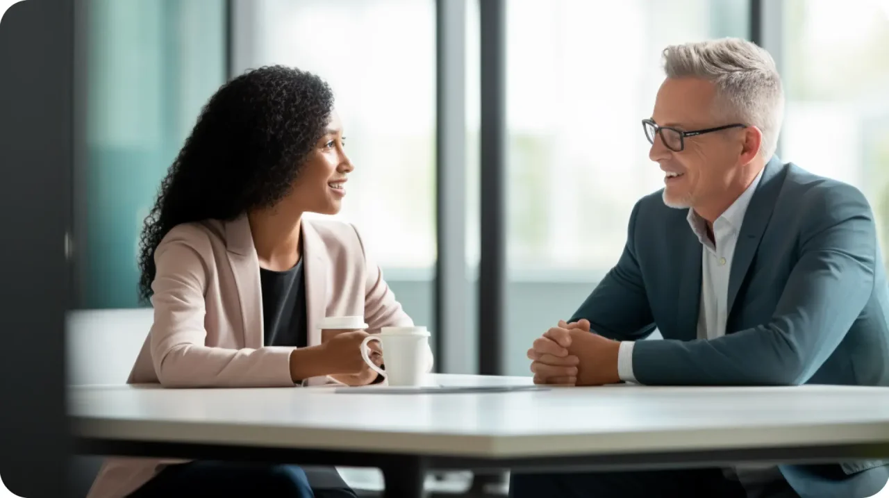Two people talking during a meeting