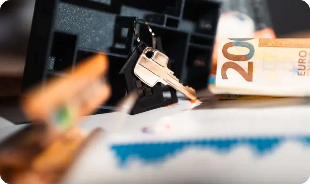 Keys With 200 Euro Banknote On Table