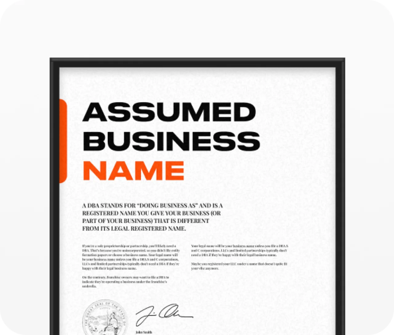 Framed certificate labeled “Assumed Business Name,” illustrating a DBA (Doing Business As) registration for operating under a name different from a legal business name.