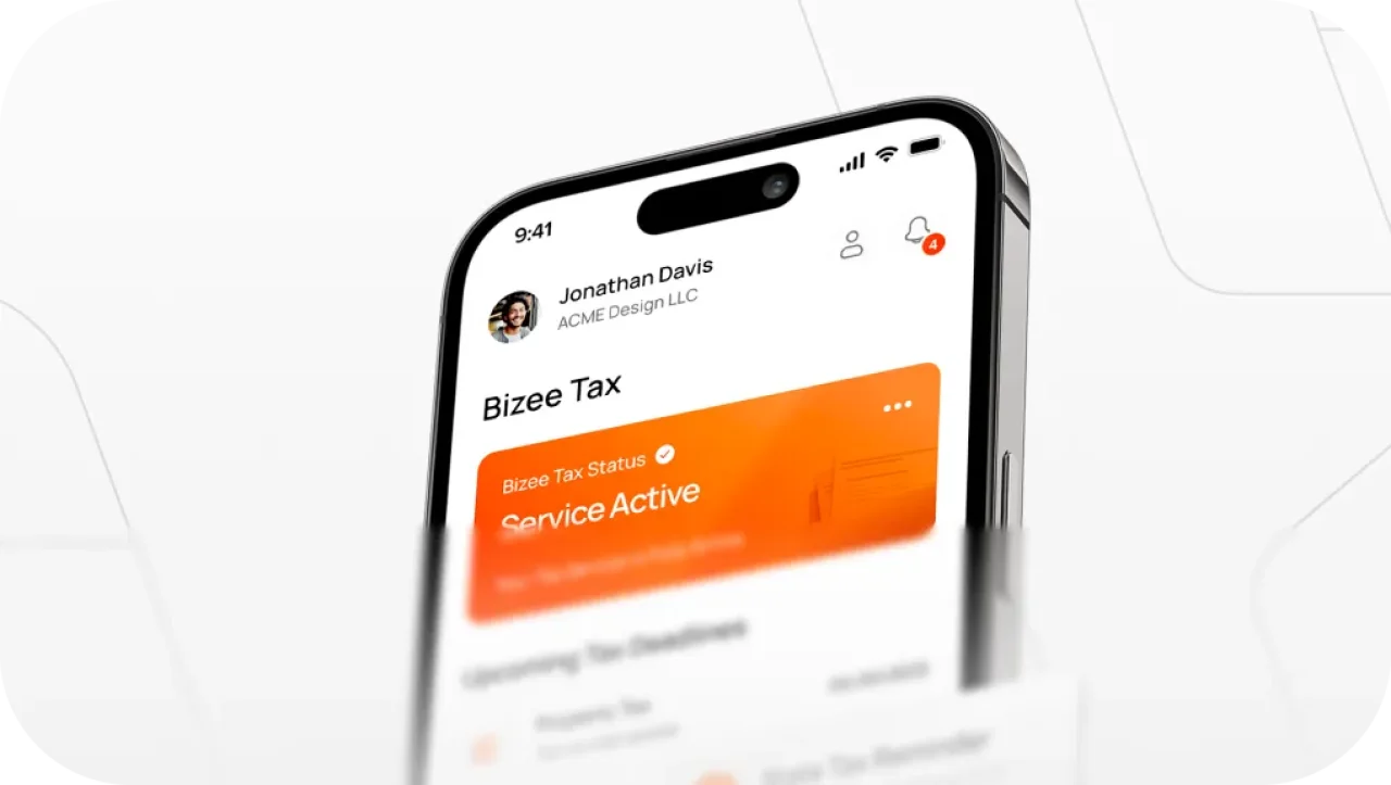bizee-tax-mobile-dashboard-showing-active-tax-service-status-and-upcoming-deadlines-with-a-state-tax-reminder-notification