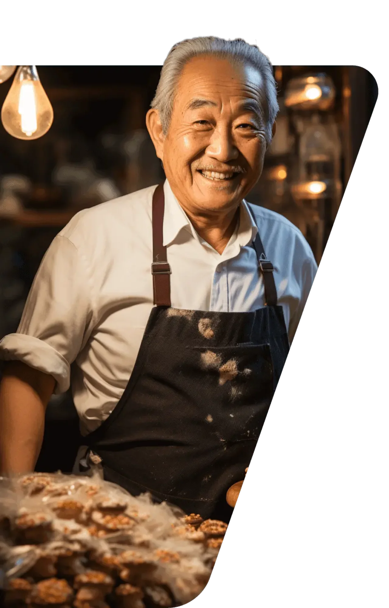 Smiling older man wearing an apron, standing behind a table of freshly baked pastries in a warm, softly lit bakery.