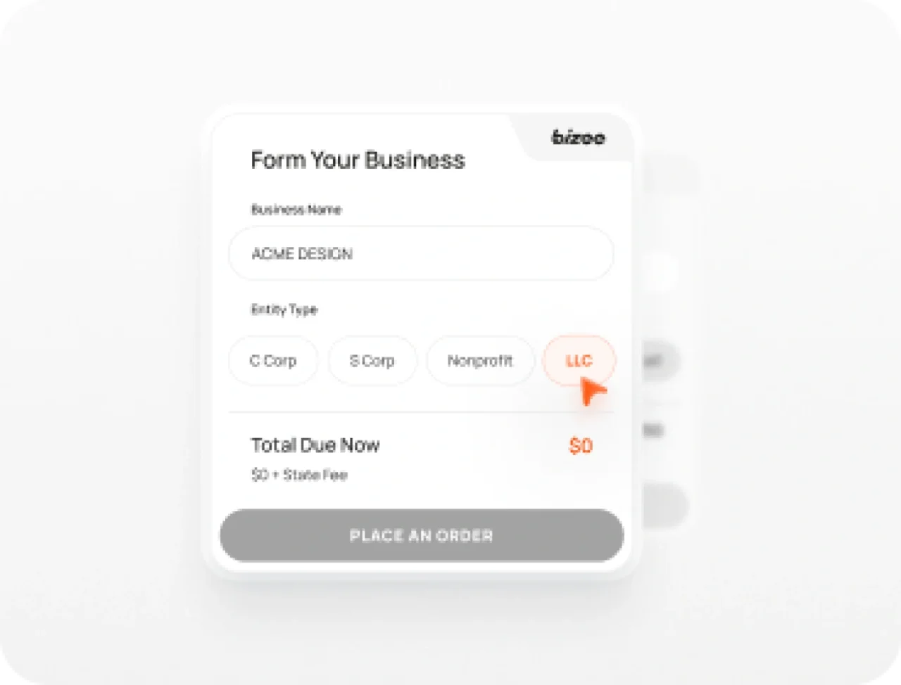 Online form showing the business formation process with LLC selected and $0 total due, promoting easy LLC registration with Bizee.