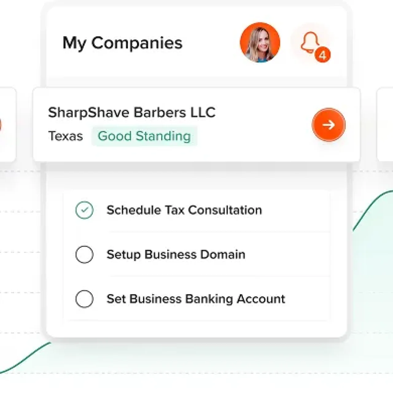 LLC dashboard showing SharpShave Barbers LLC in good standing with a checklist of business setup tasks