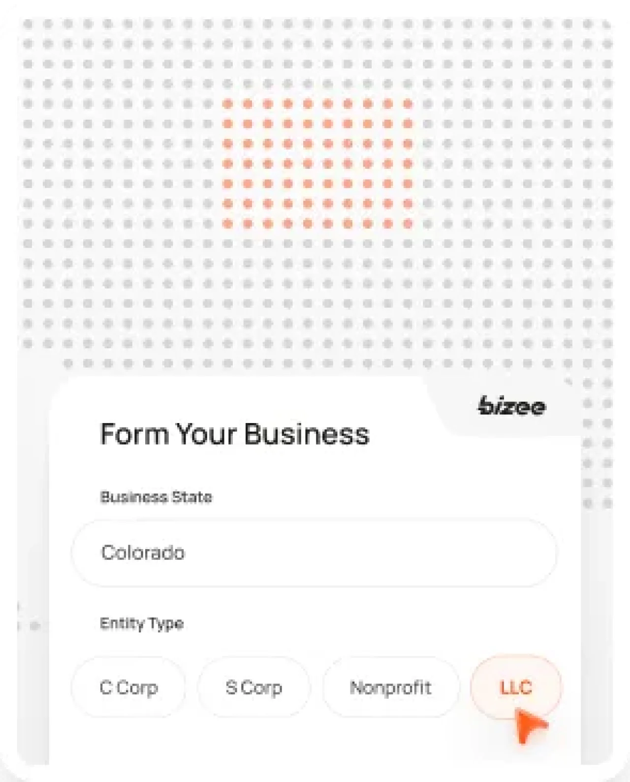Mobile interface showing business formation form selecting Colorado and LLC.