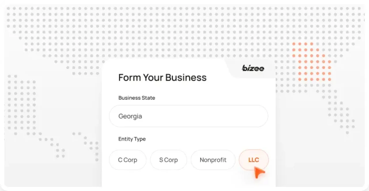 Bizee business formation form showing Georgia selected as the state and LLC chosen as the entity type.