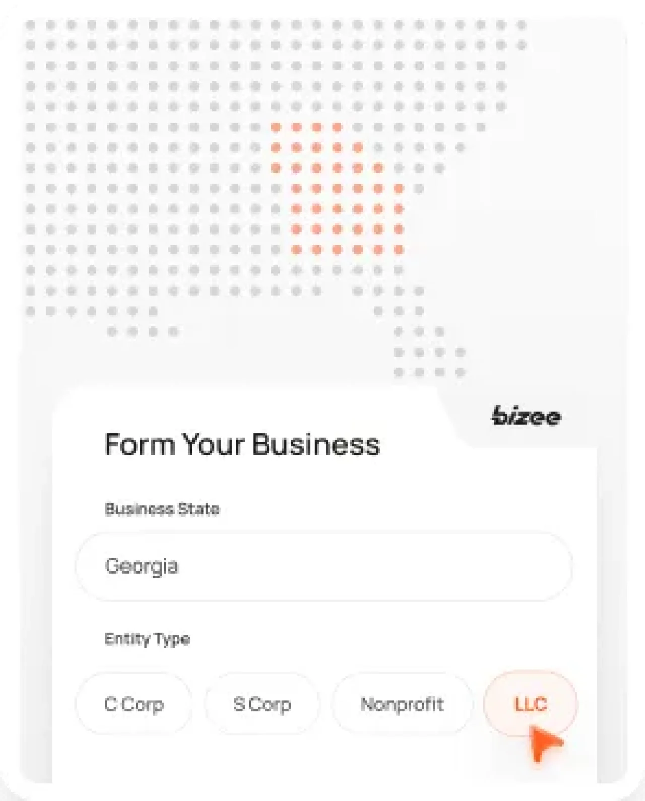 Bizee business formation form showing Georgia selected as the state and LLC chosen as the entity type.