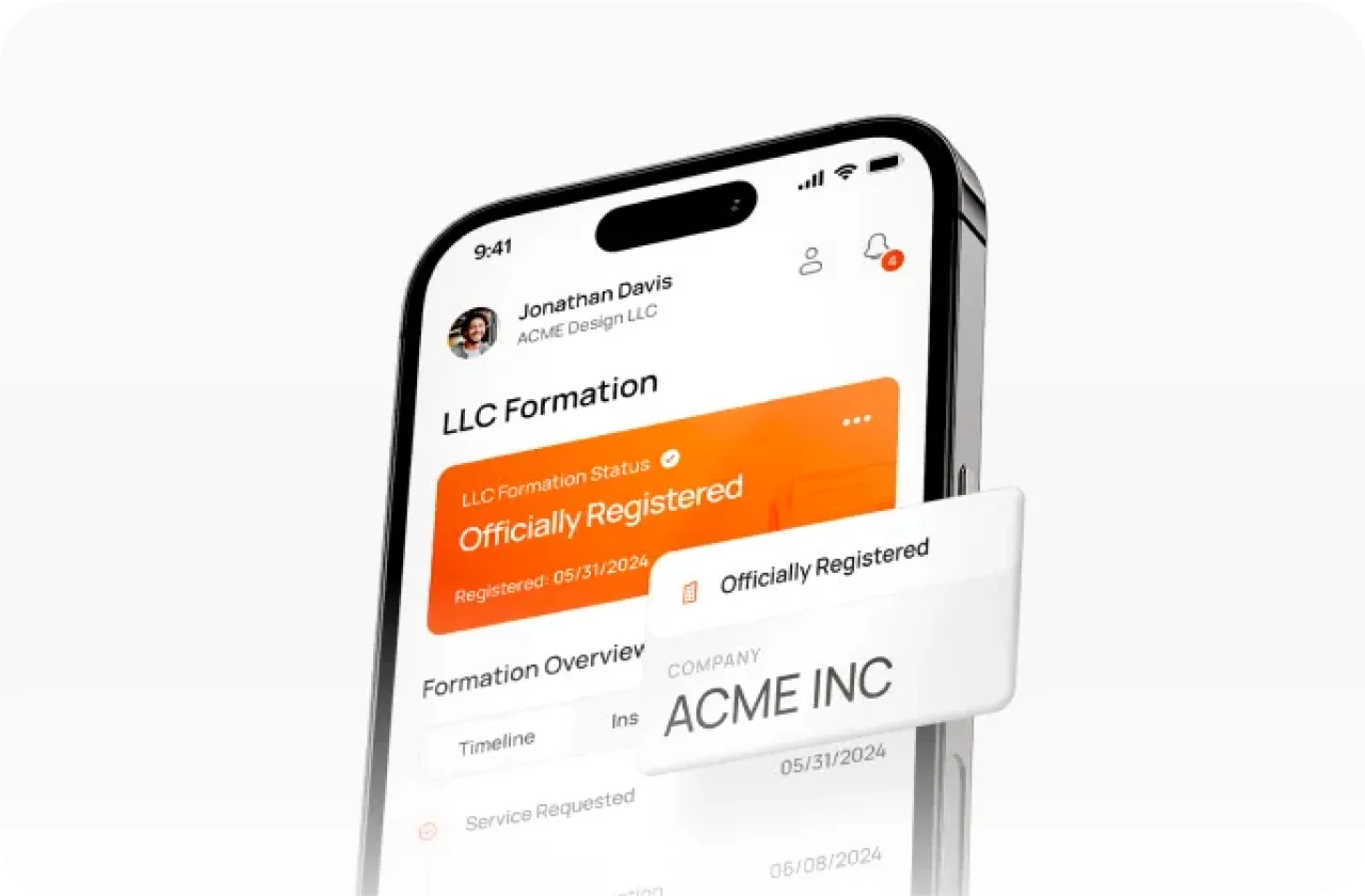 mobile app screen showing LLC formation status officially registered for company ACME INC with formation timeline