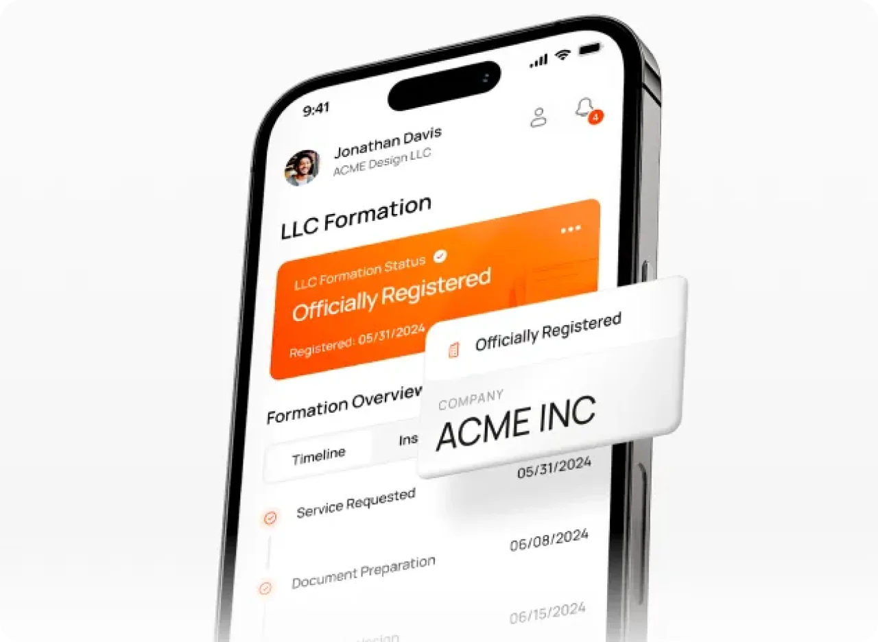 mobile app screen showing LLC formation status officially registered for company ACME INC with formation timeline