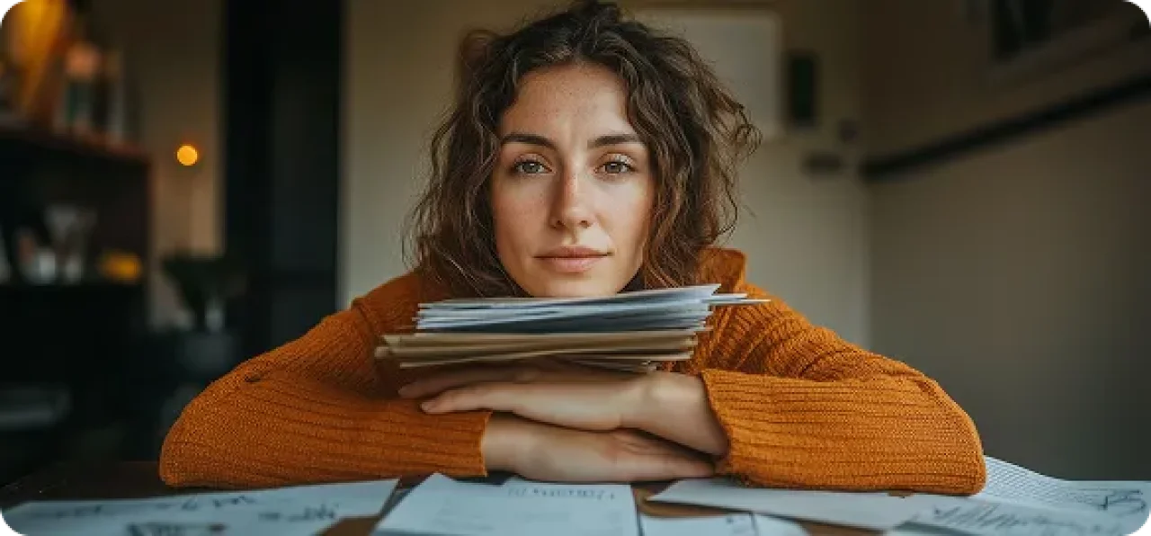 Woman with curly hair leaning on a desk with a stack of papers, resting her chin on her hands, looking thoughtfully at the camera