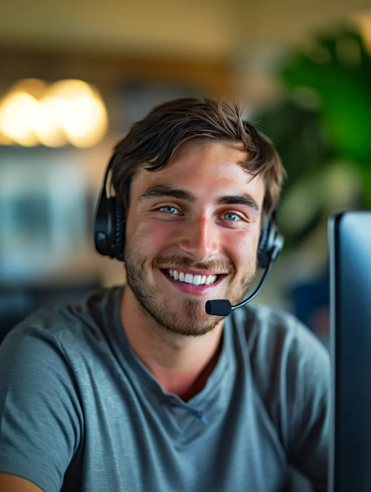 smiling customer support agent wearing a headset at work