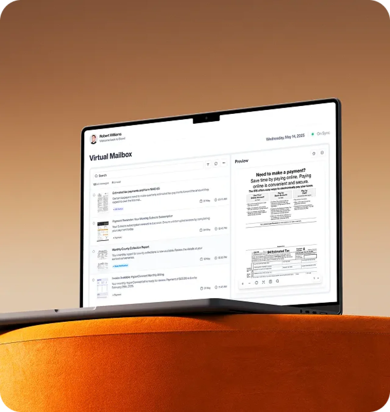Laptop displaying a virtual mailbox interface with digital mail previews and document organization features.