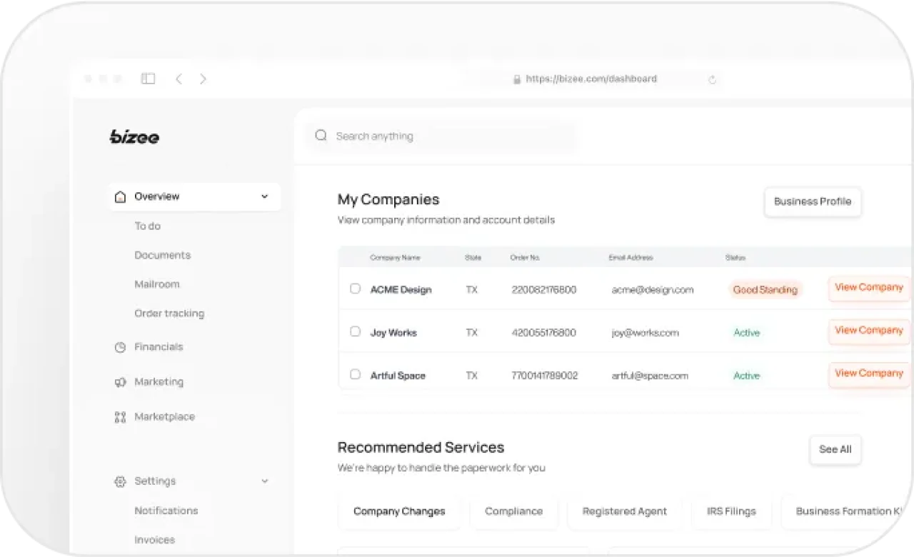 Bizee dashboard showing company management panel with list of businesses and recommended services