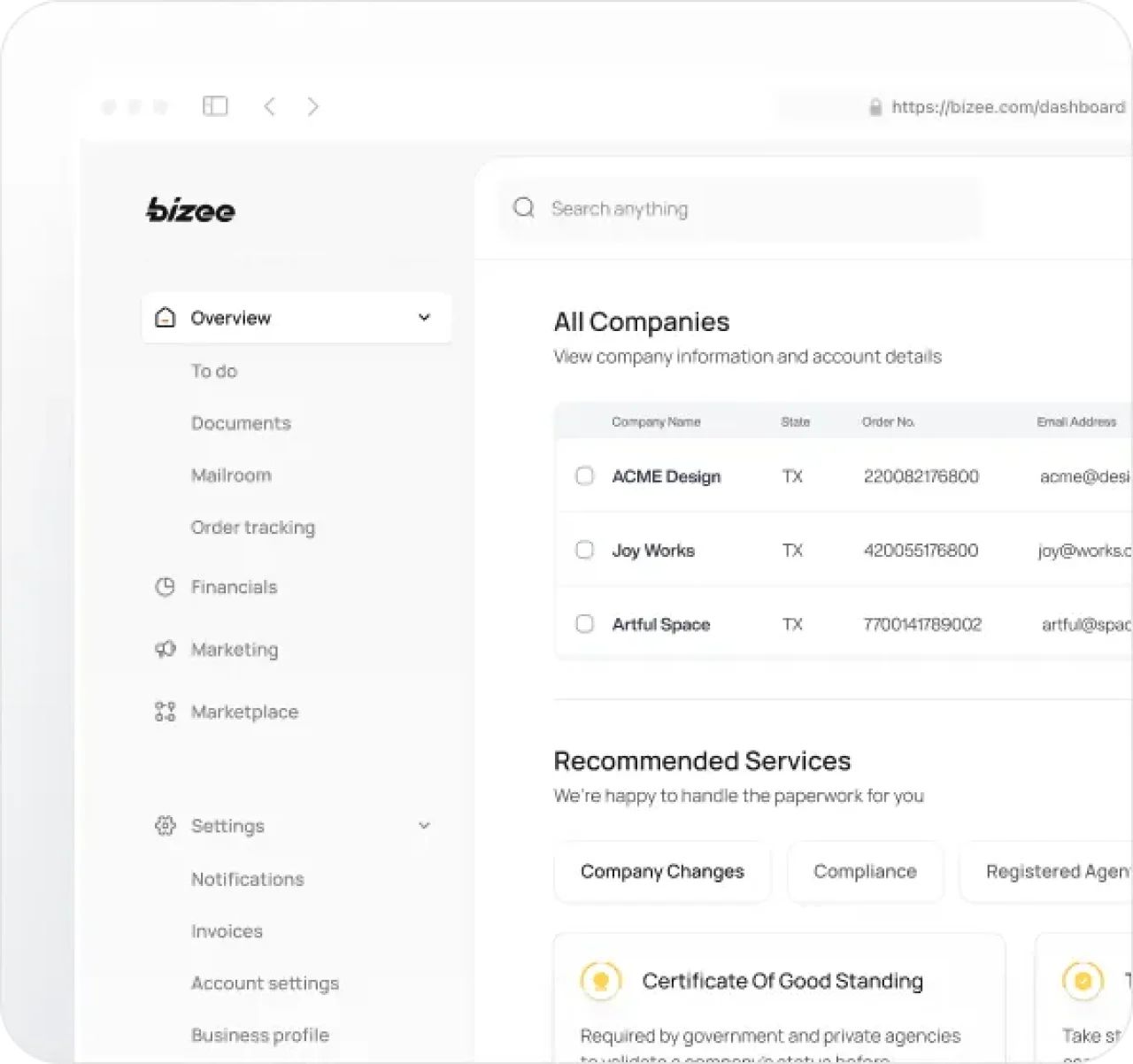 Bizee dashboard showing company management panel with list of businesses and recommended services