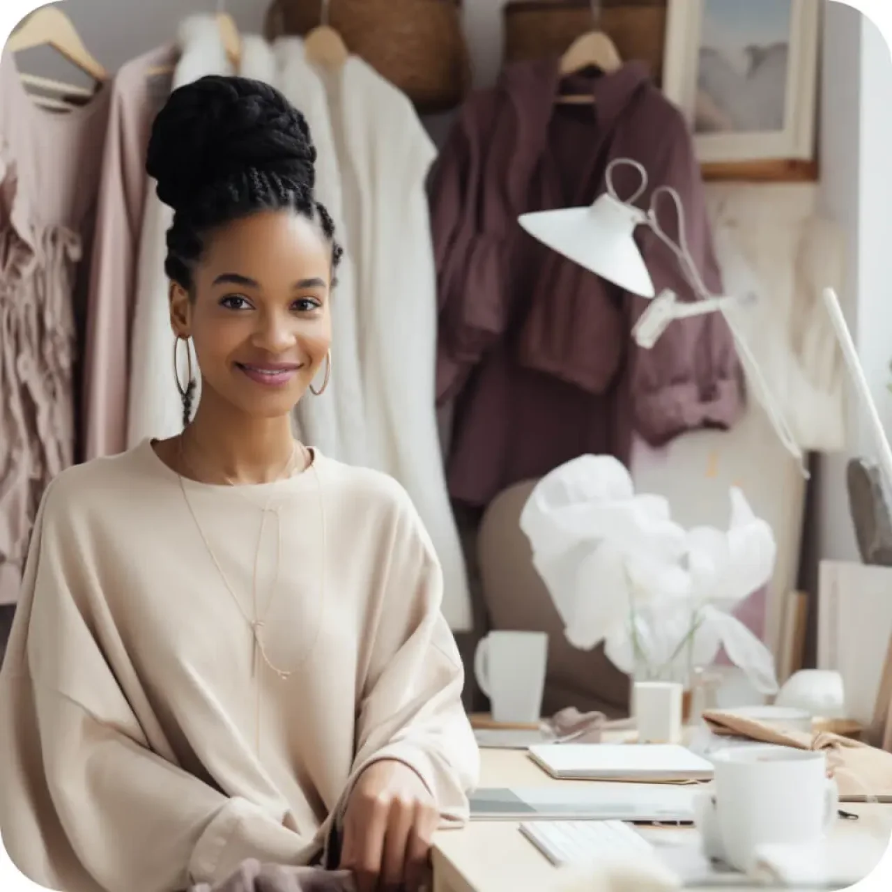Smiling woman standing in a creative studio workspace with clothing racks, sketches, and design materials, representing a small business owner or entrepreneur.