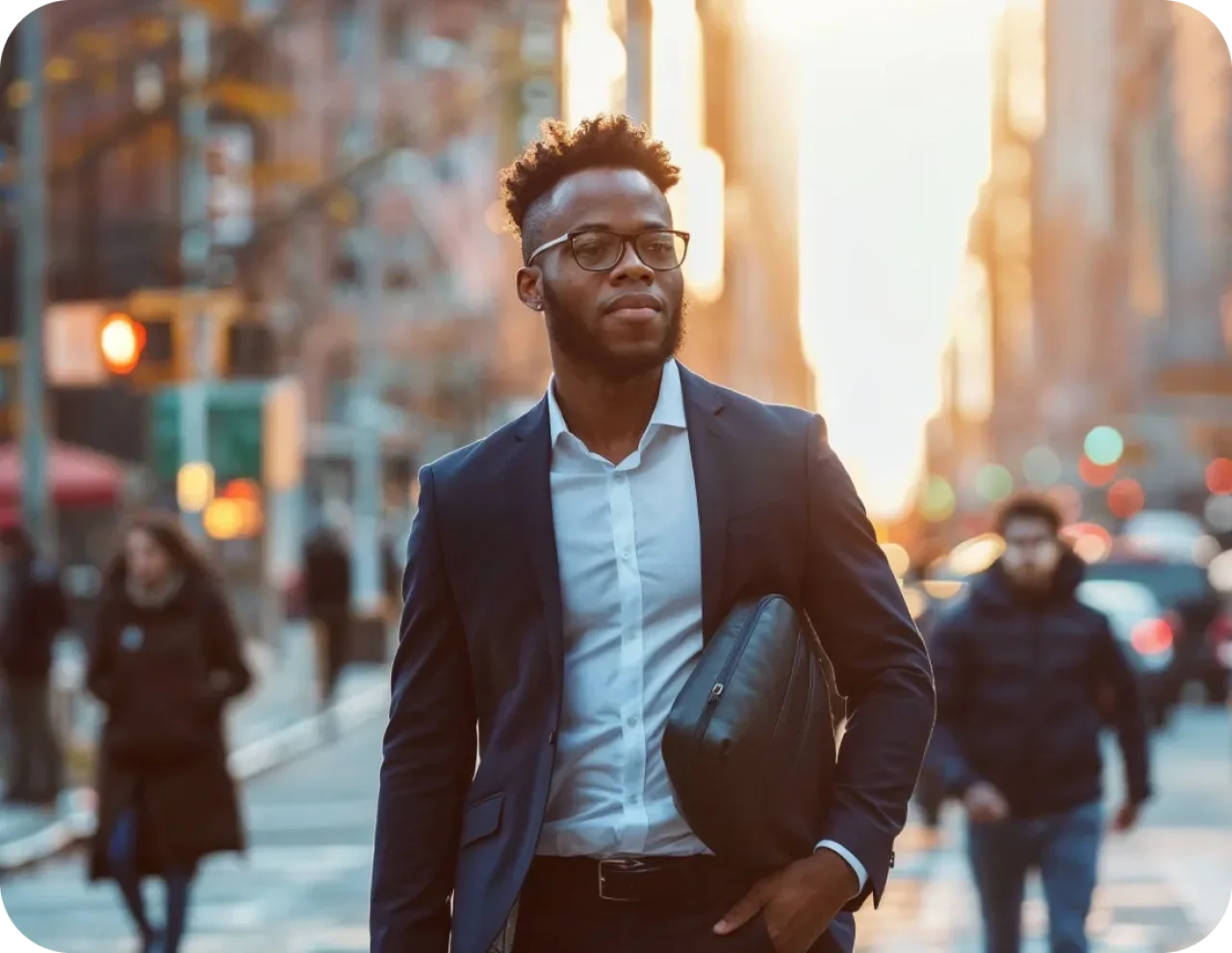 Confident young businessman wearing glasses and a suit walking through a city street during sunset