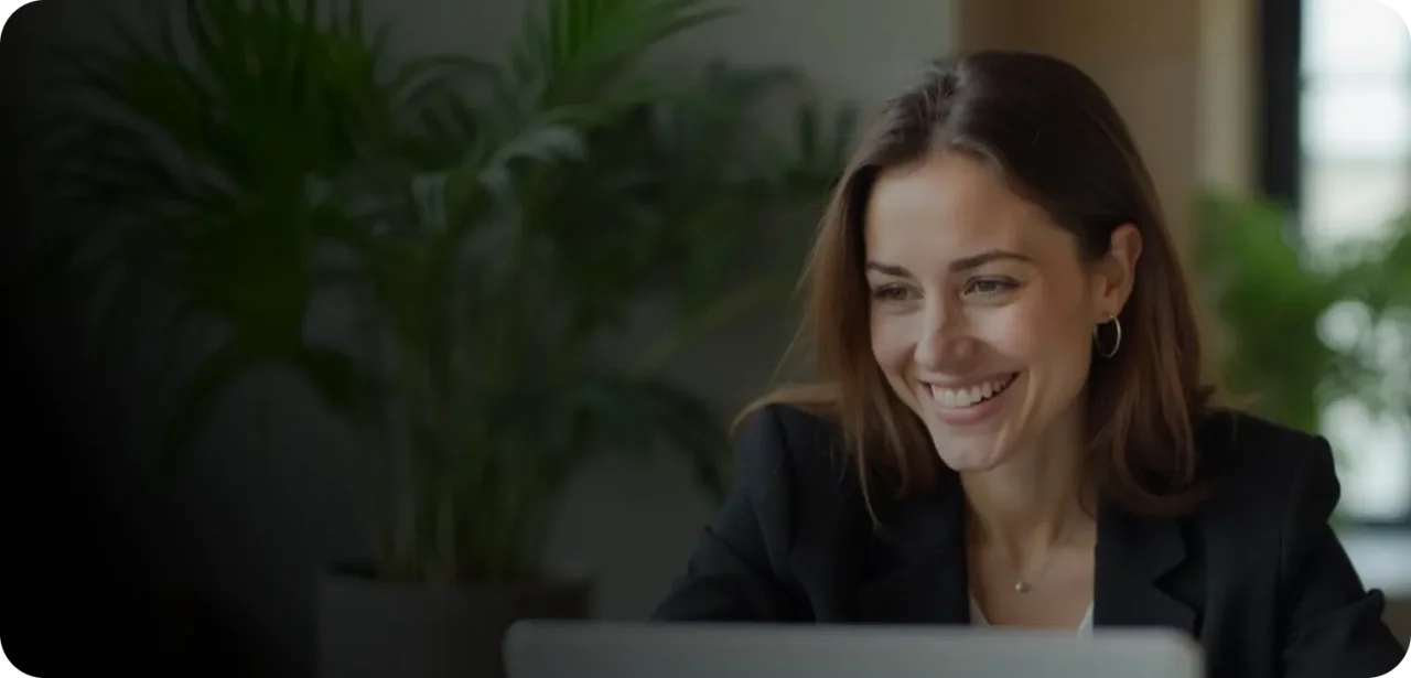 Smiling professional woman in a blazer participating in a video call from a modern office with indoor plants