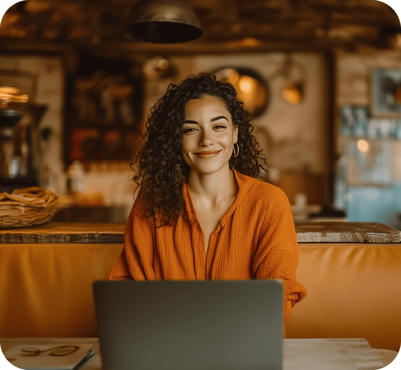 Smiling entrepreneur reviewing business formation documents on a laptop