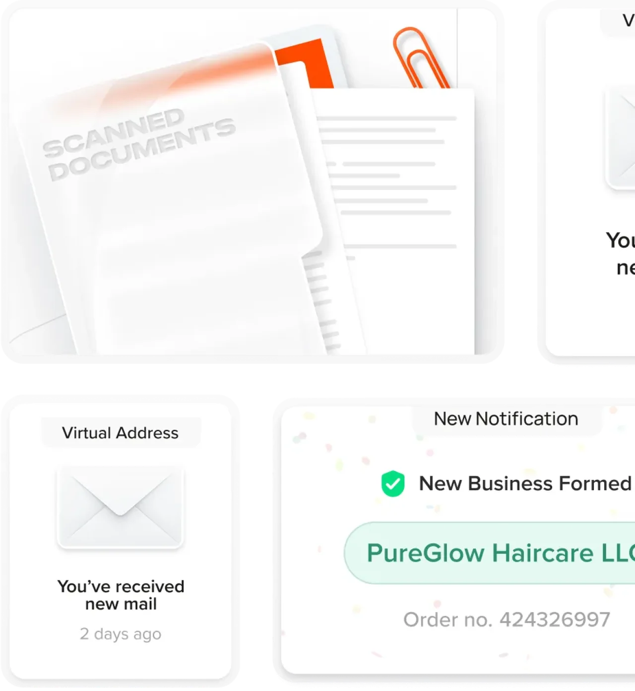 virtual-address-interface-showing-scanned-documents-new-mail-notification-and-business-formation-update-for-pureglow-haircare-llc